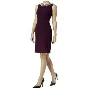 Calvin Klein Pearl Neck Sleeveless Plum Sheath Dress